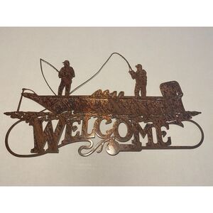 Metal "Welcome" Wall Sign Bronze Finish Fishing Boat Design